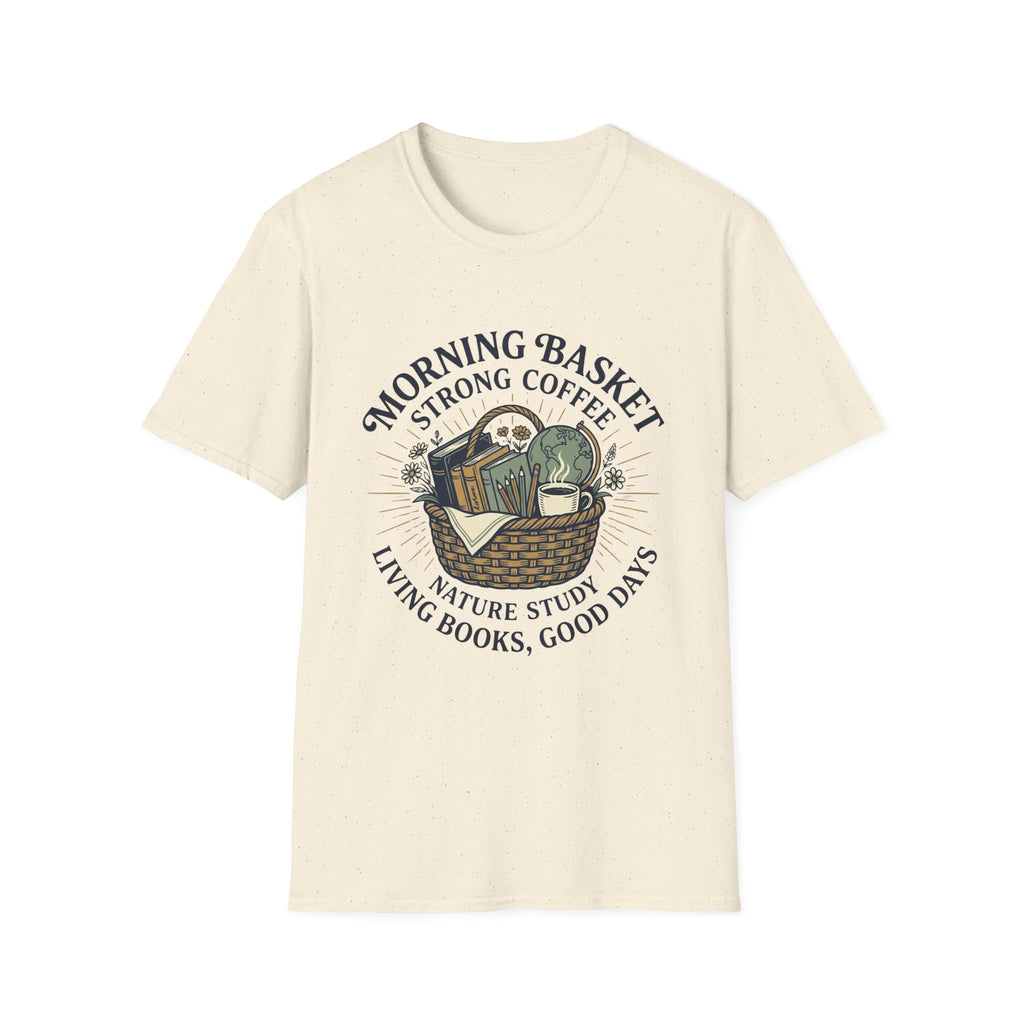 Morning Basket Strong Coffee homeschool mom graphic t-shirt with a cozy morning basket-inspired design with books, gentle details, and home learning charm