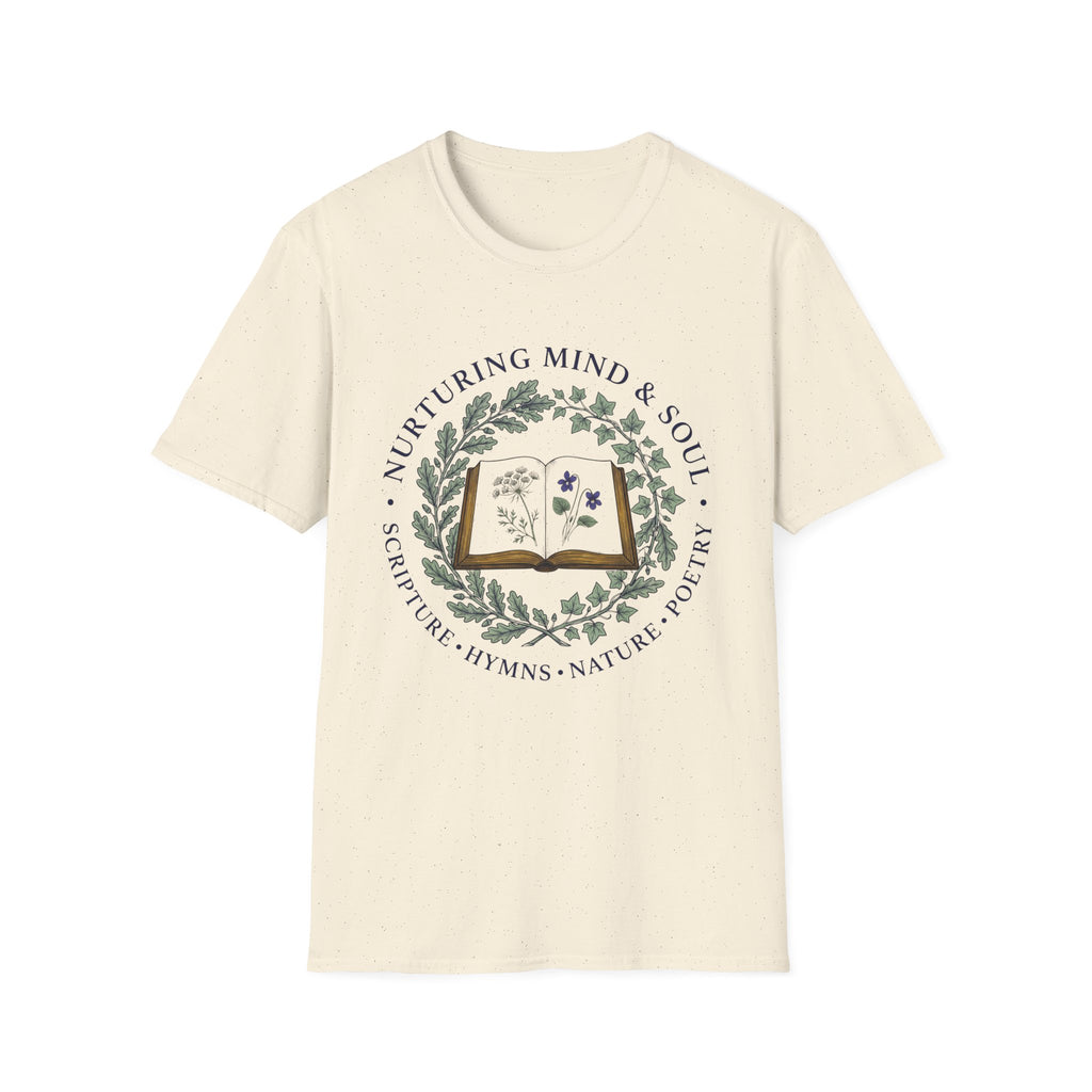 Nurturing Mind & Soul homeschool mom graphic t-shirt with a warm homeschool-inspired graphic with thoughtful lettering