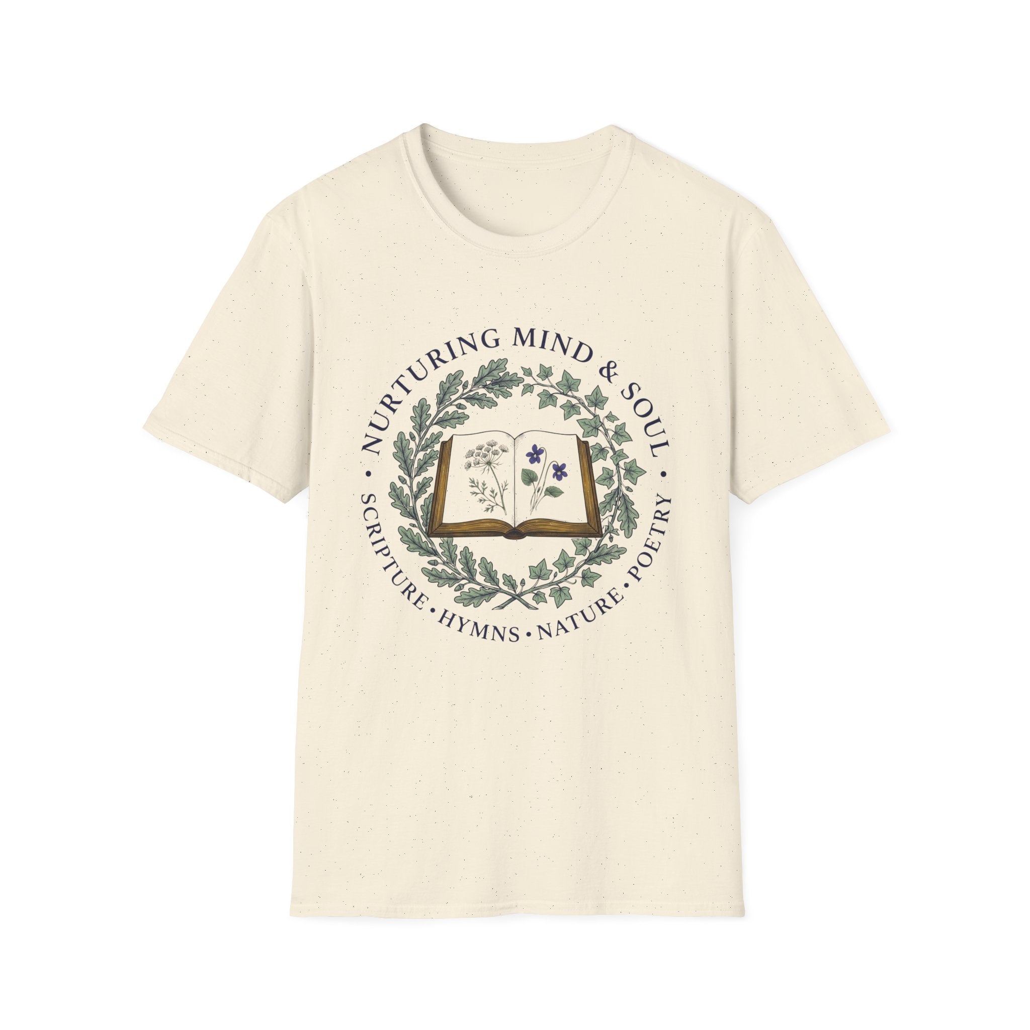 Nurturing Mind & Soul homeschool mom graphic t-shirt with a warm homeschool-inspired graphic with thoughtful lettering