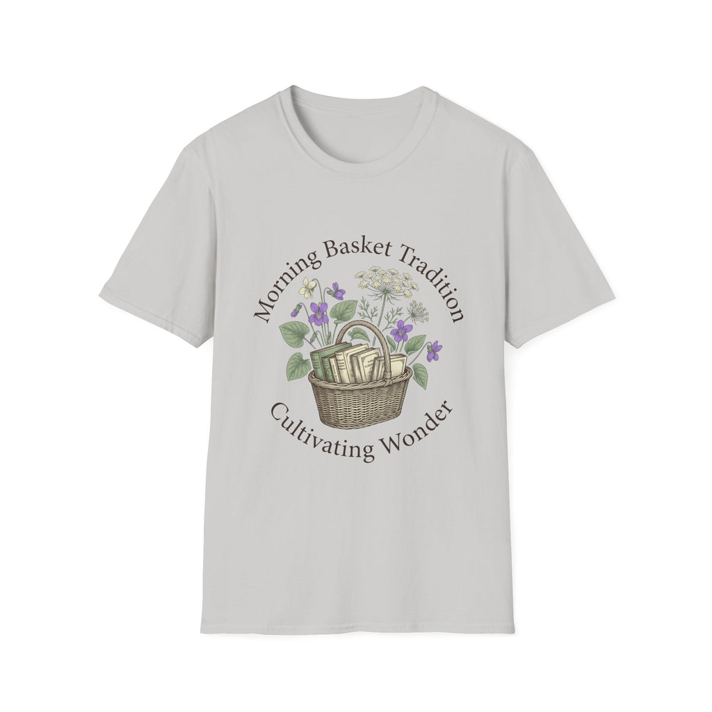 Morning Basket Tradition homeschool mom graphic t-shirt with a cozy morning basket-inspired design with books, gentle details, and home learning charm