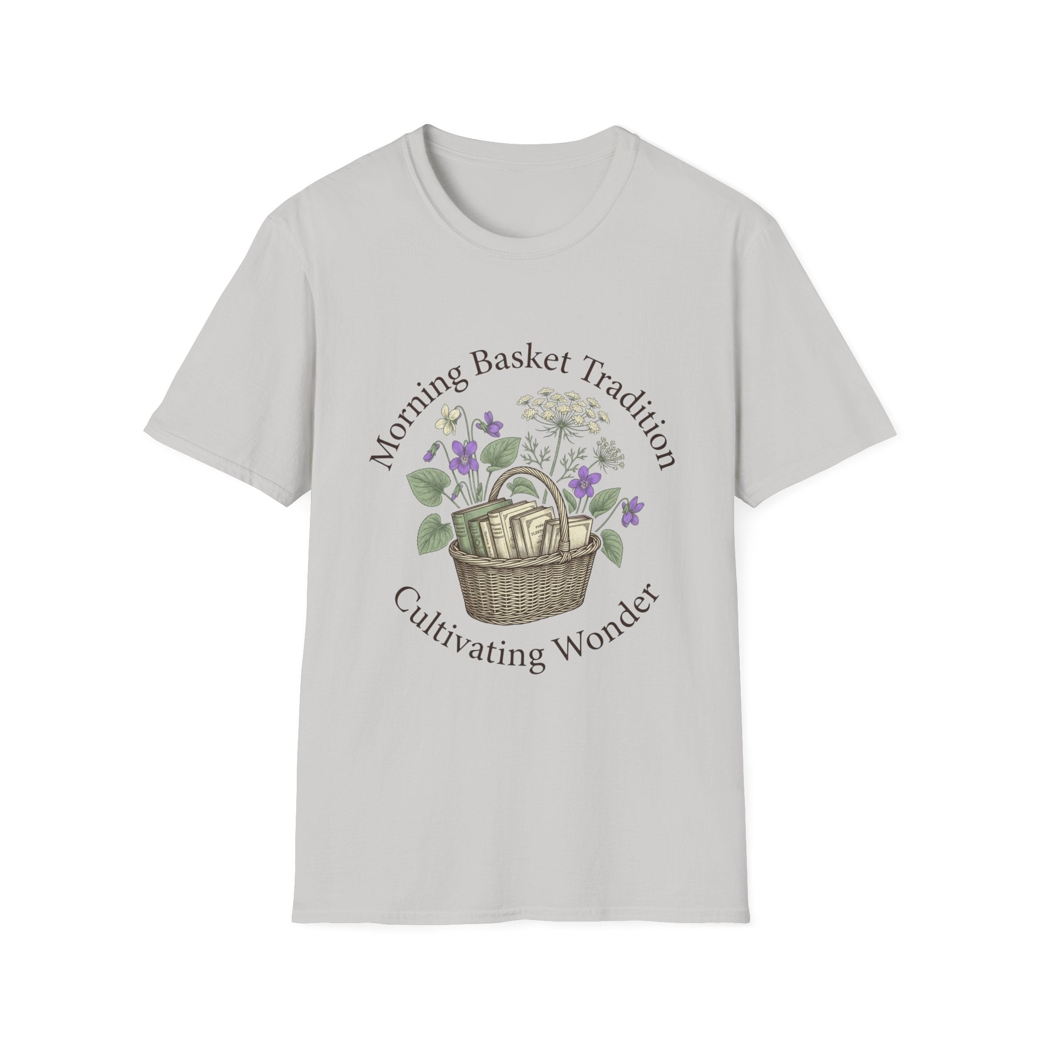 Morning Basket Tradition homeschool mom graphic t-shirt with a cozy morning basket-inspired design with books, gentle details, and home learning charm