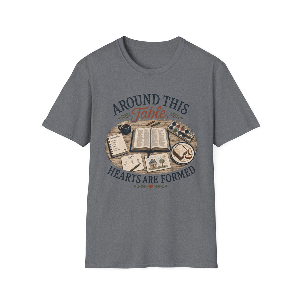 Around This Table homeschool mom graphic t-shirt with a gathered-at-home inspired graphic with books, florals, and cozy family learning details