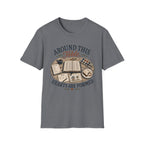 Around This Table homeschool mom graphic t-shirt with a gathered-at-home inspired graphic with books, florals, and cozy family learning details