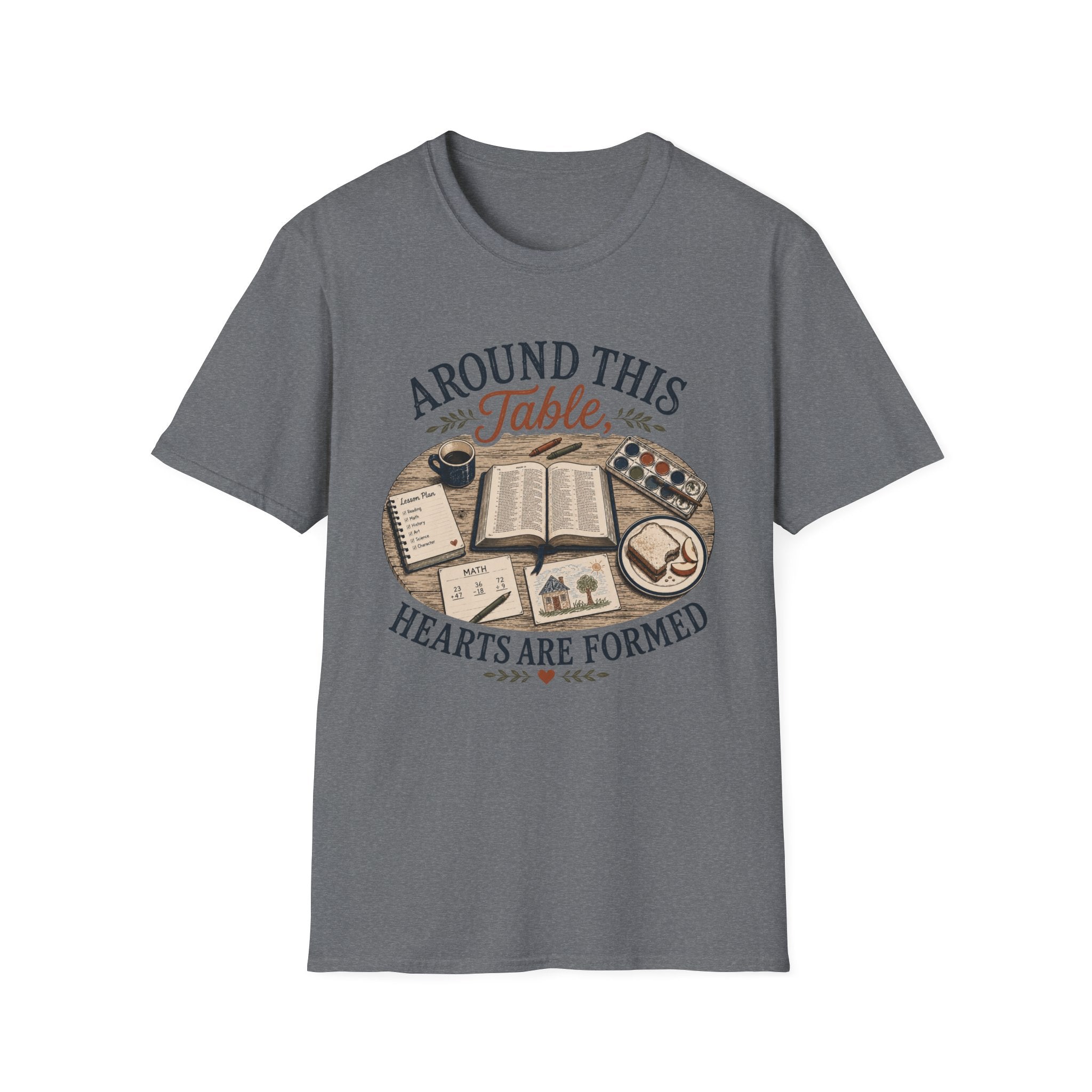 Around This Table homeschool mom graphic t-shirt with a gathered-at-home inspired graphic with books, florals, and cozy family learning details
