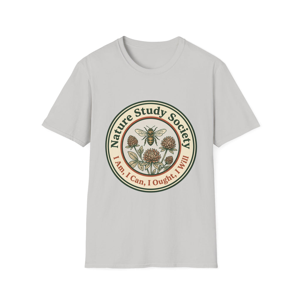 Nature Study Society homeschool mom graphic t-shirt with a Charlotte Mason-inspired design with books, nature details, and vintage homeschool charm
