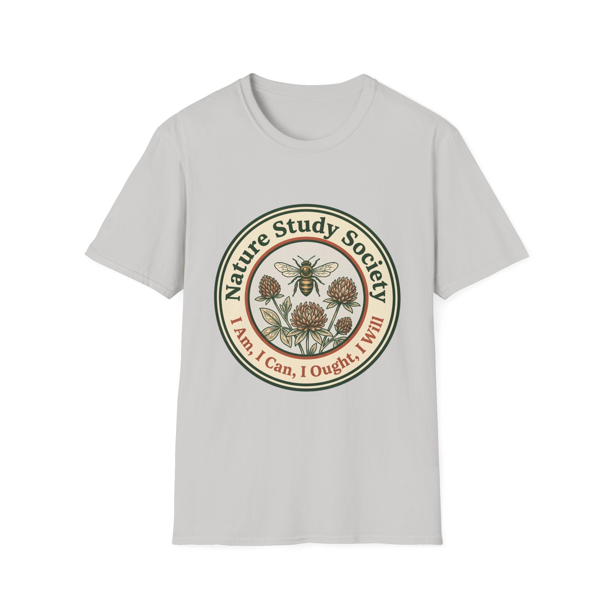 Nature Study Society homeschool mom graphic t-shirt with a Charlotte Mason-inspired design with books, nature details, and vintage homeschool charm