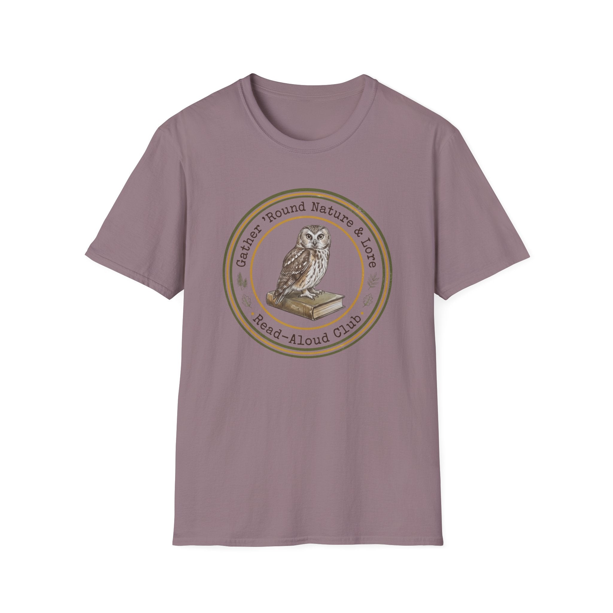 Gather Round Nature & Lore homeschool mom graphic t-shirt with a Charlotte Mason-inspired design with nature details, bookish elements, and classic homeschool lettering