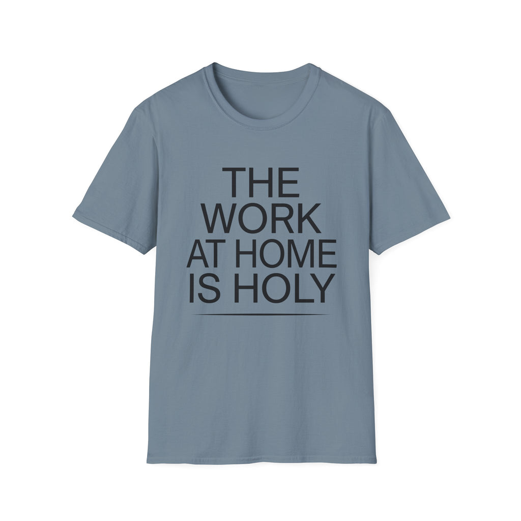 Work At Home Is Holy homeschool mom graphic t-shirt with a gathered-at-home inspired graphic with books, florals, and cozy family learning details