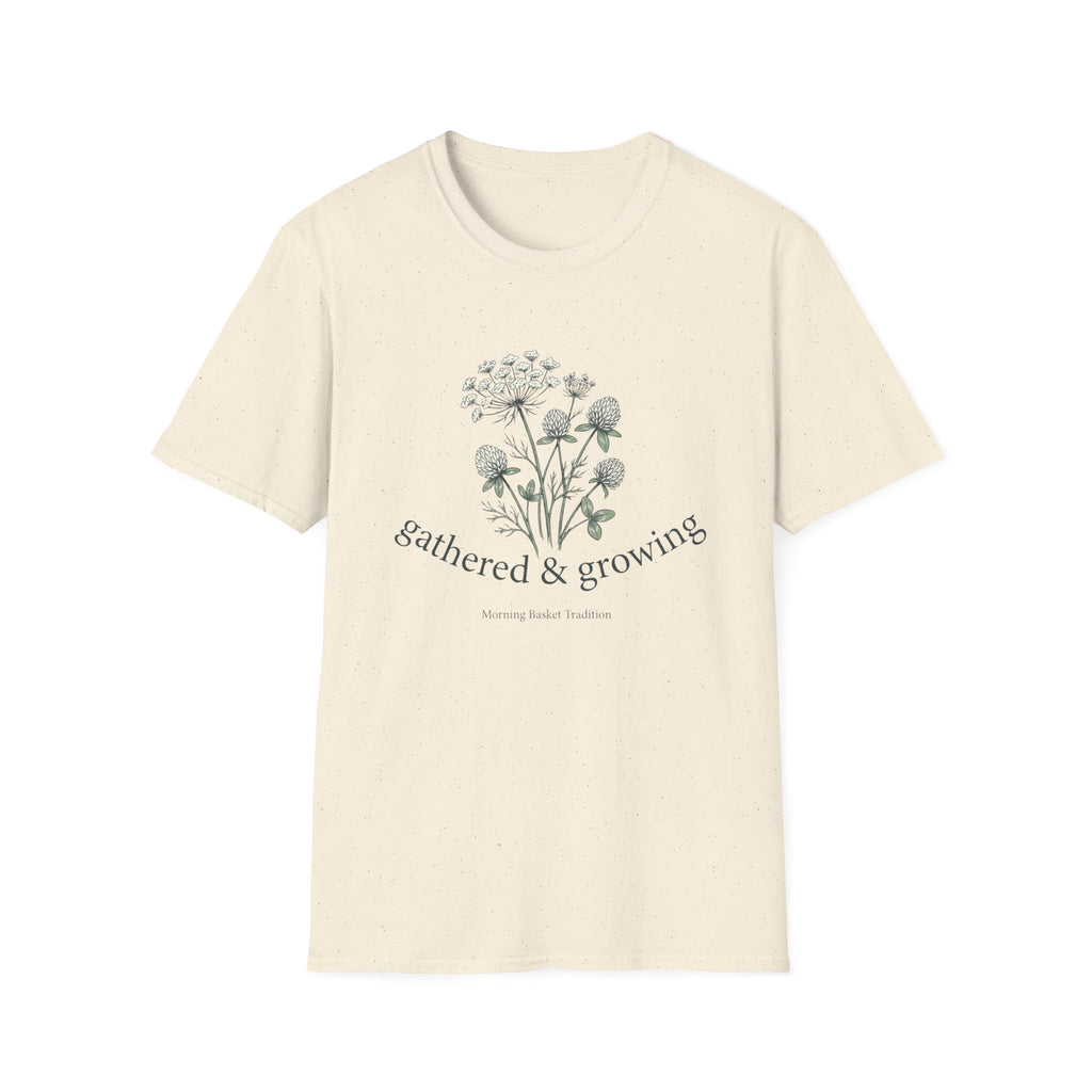 Gathered & Growing homeschool mom graphic t-shirt with a gathered-at-home inspired graphic with books, florals, and cozy family learning details