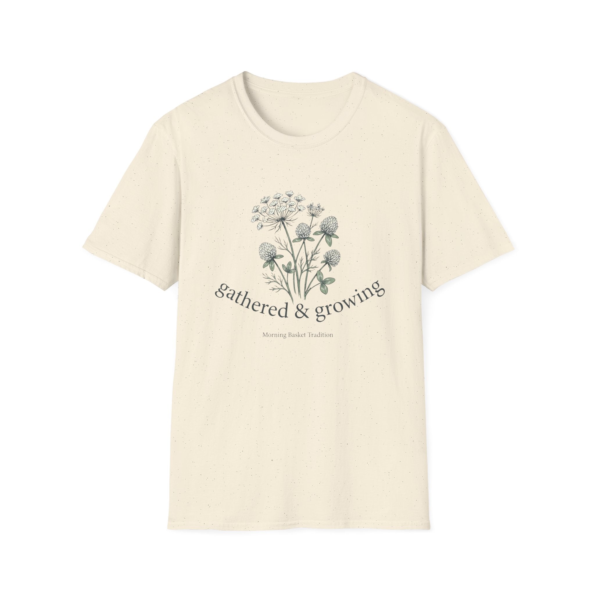 Gathered & Growing homeschool mom graphic t-shirt with a gathered-at-home inspired graphic with books, florals, and cozy family learning details
