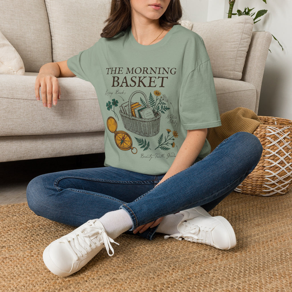 The Morning Basket homeschool mom graphic t-shirt with a cozy morning basket-inspired design with books, gentle details, and home learning charm