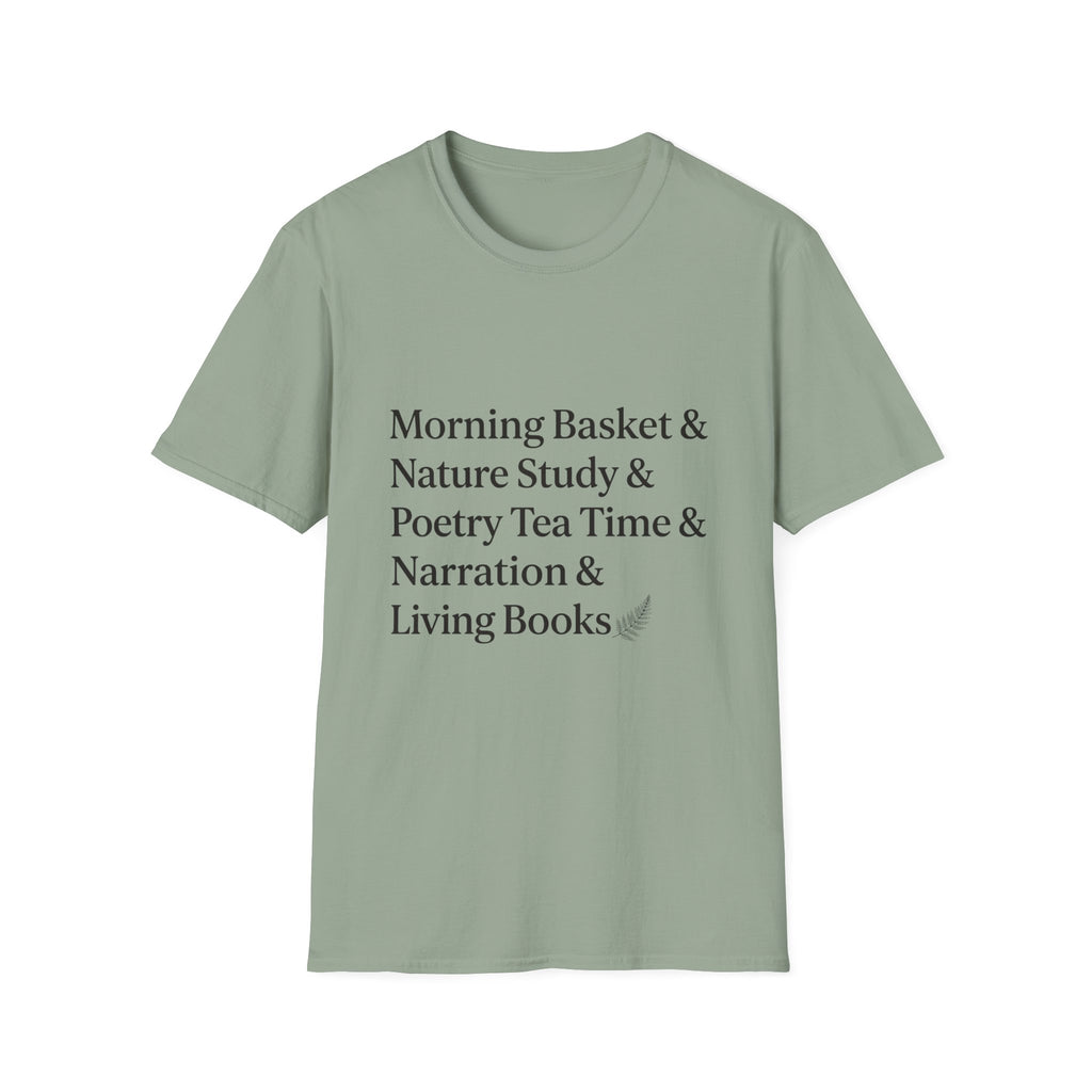 Living Books Check List homeschool mom graphic t-shirt with a playful checklist-style homeschool graphic with bookish and nature-inspired details