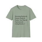 Living Books Check List homeschool mom graphic t-shirt with a playful checklist-style homeschool graphic with bookish and nature-inspired details