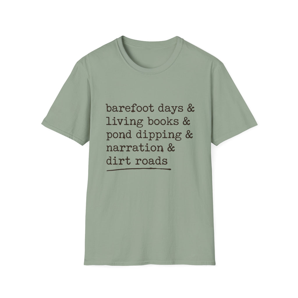 Barefoot Days Check List homeschool mom graphic t-shirt with a playful checklist-style homeschool graphic with bookish and nature-inspired details