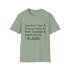 Barefoot Days Check List homeschool mom graphic t-shirt with a playful checklist-style homeschool graphic with bookish and nature-inspired details