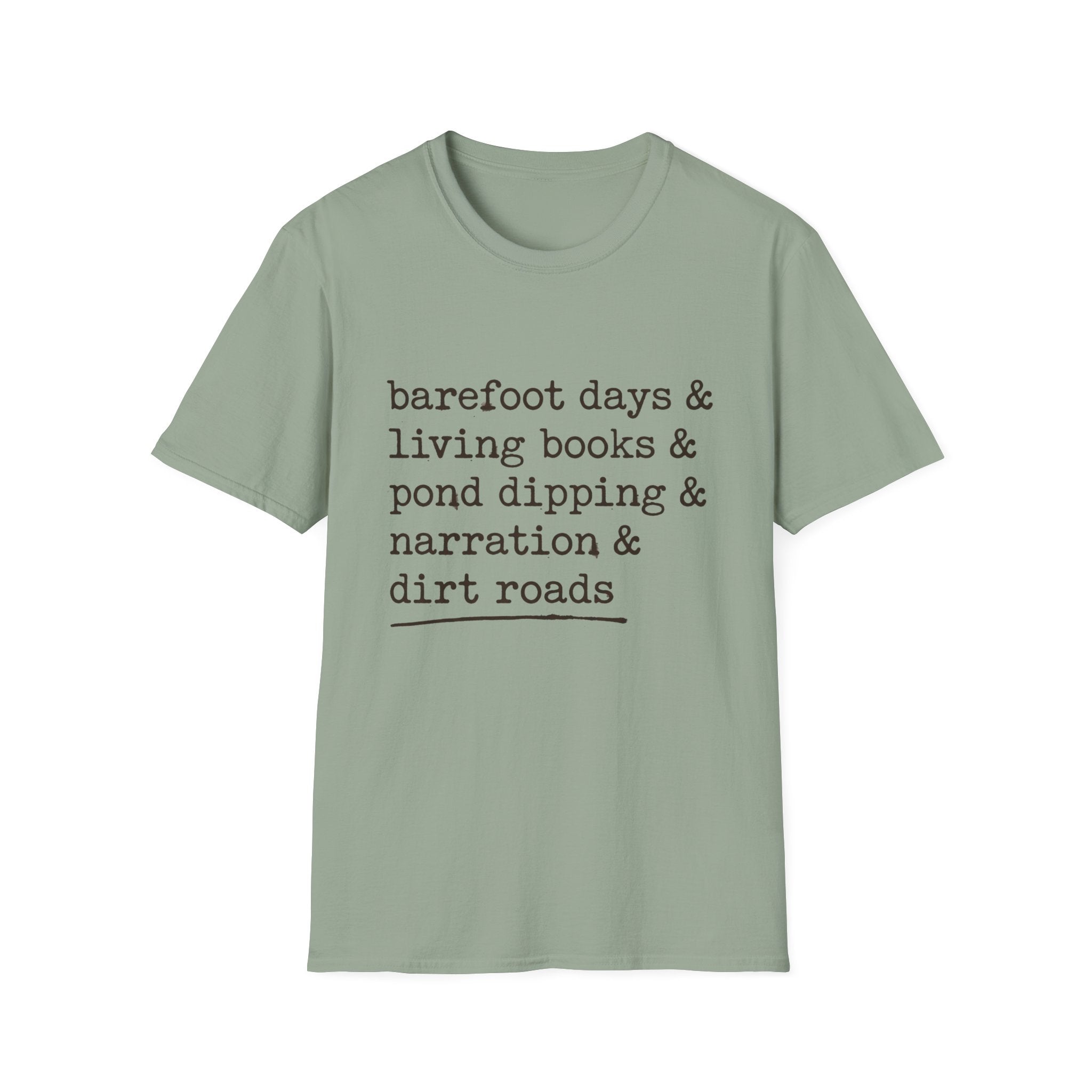 Barefoot Days Check List homeschool mom graphic t-shirt with a playful checklist-style homeschool graphic with bookish and nature-inspired details