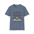 She Builds Her House homeschool mom graphic t-shirt with a faith-filled homeschool design with gentle lettering and classic illustrative details