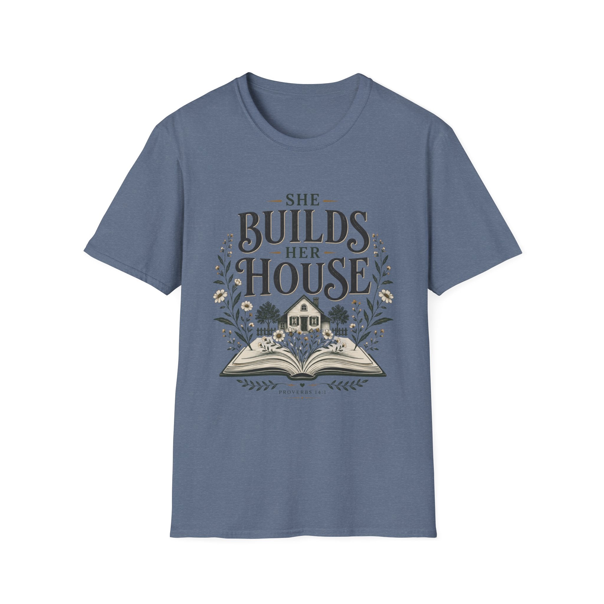 She Builds Her House homeschool mom graphic t-shirt with a faith-filled homeschool design with gentle lettering and classic illustrative details