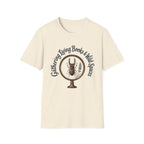 Gathering Living Books homeschool mom graphic t-shirt with a gathered-at-home inspired graphic with books, florals, and cozy family learning details