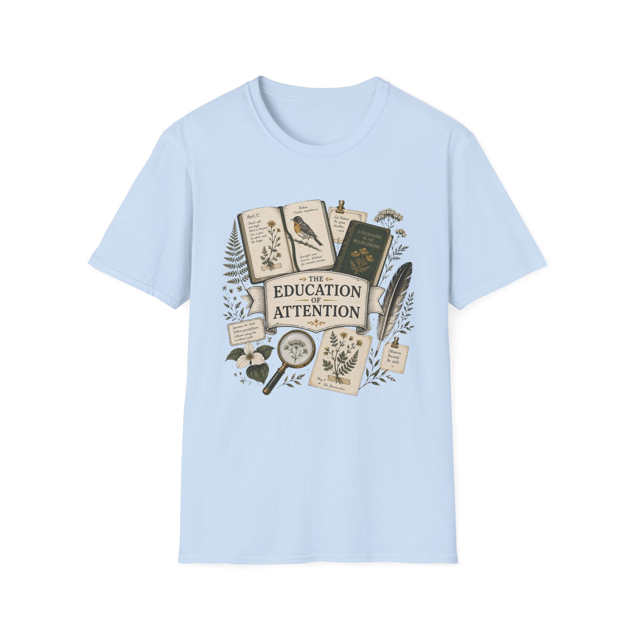 The Education Of Attention homeschool mom graphic t-shirt with a Charlotte Mason-inspired design with books, nature details, and vintage homeschool charm