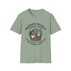 Morning Basket Strong Coffee homeschool mom graphic t-shirt with a cozy morning basket-inspired design with books, gentle details, and home learning charm