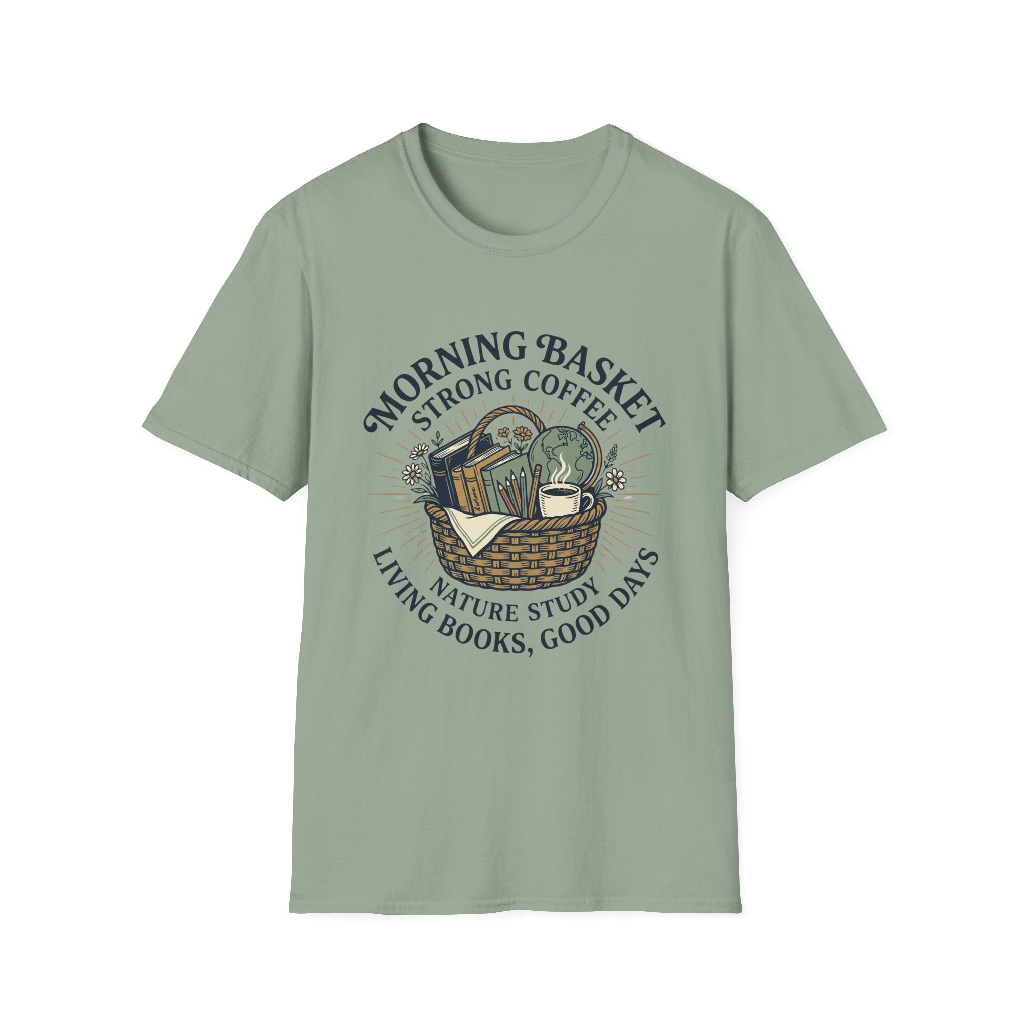 Morning Basket Strong Coffee homeschool mom graphic t-shirt with a cozy morning basket-inspired design with books, gentle details, and home learning charm