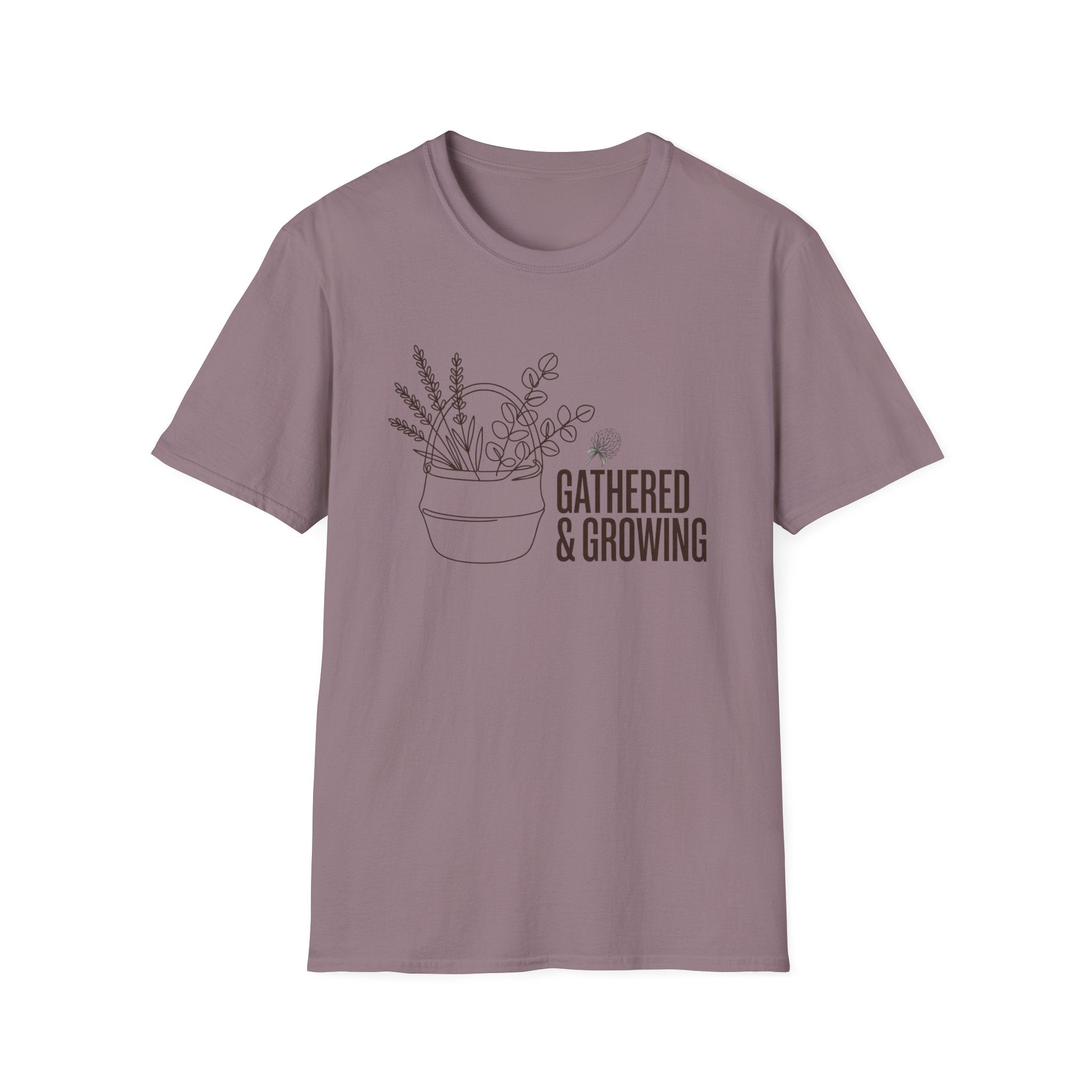 Gathered And Growing homeschool mom graphic t-shirt with a gathered-at-home inspired graphic with books, florals, and cozy family learning details