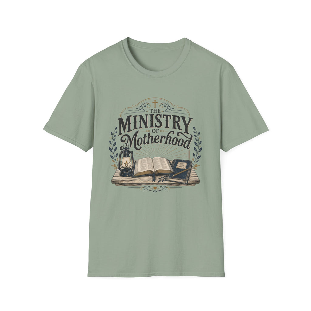 The Ministry Of Motherhood homeschool mom graphic t-shirt with a faith-filled homeschool design with gentle lettering and classic illustrative details