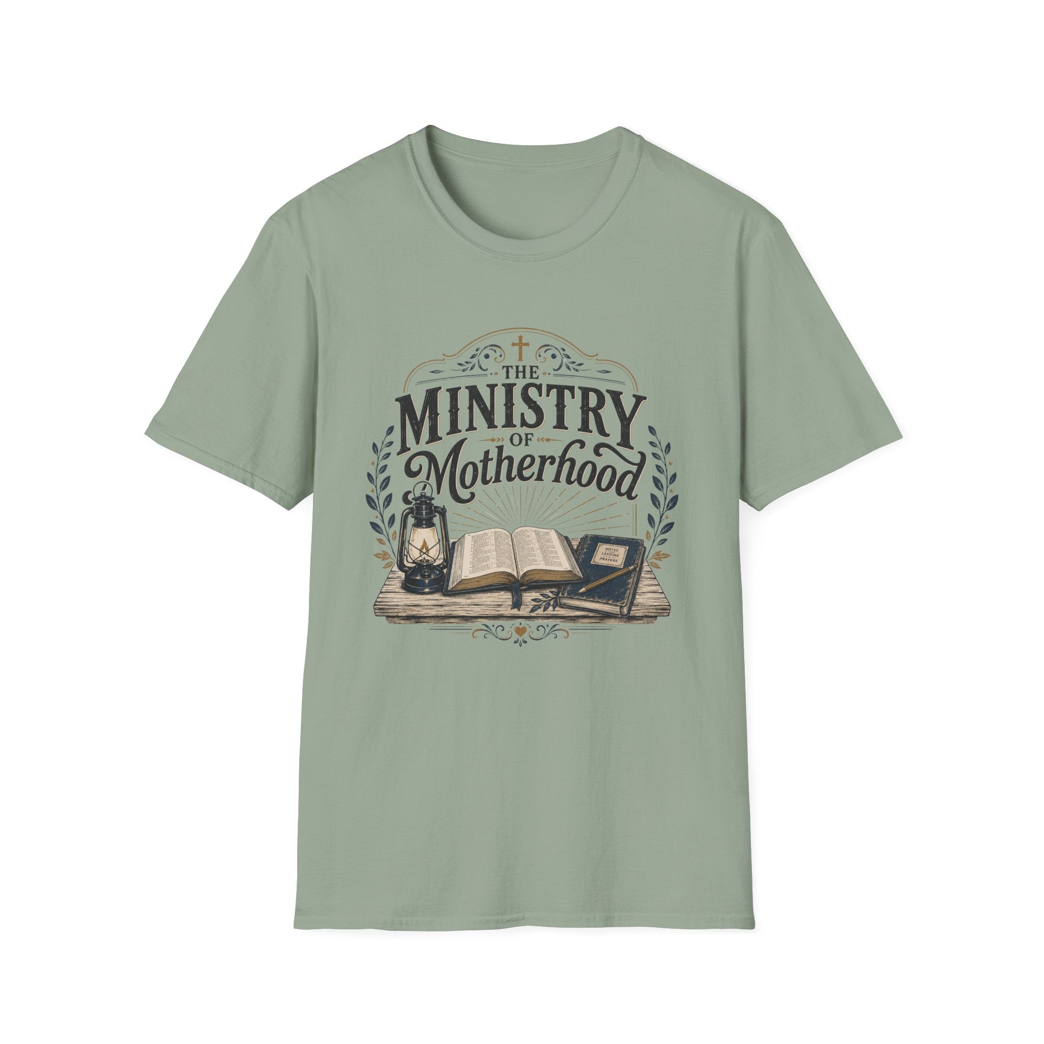 The Ministry Of Motherhood homeschool mom graphic t-shirt with a faith-filled homeschool design with gentle lettering and classic illustrative details