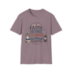 Faith Home Learning homeschool mom graphic t-shirt with a faith-filled homeschool design with gentle lettering and classic illustrative details