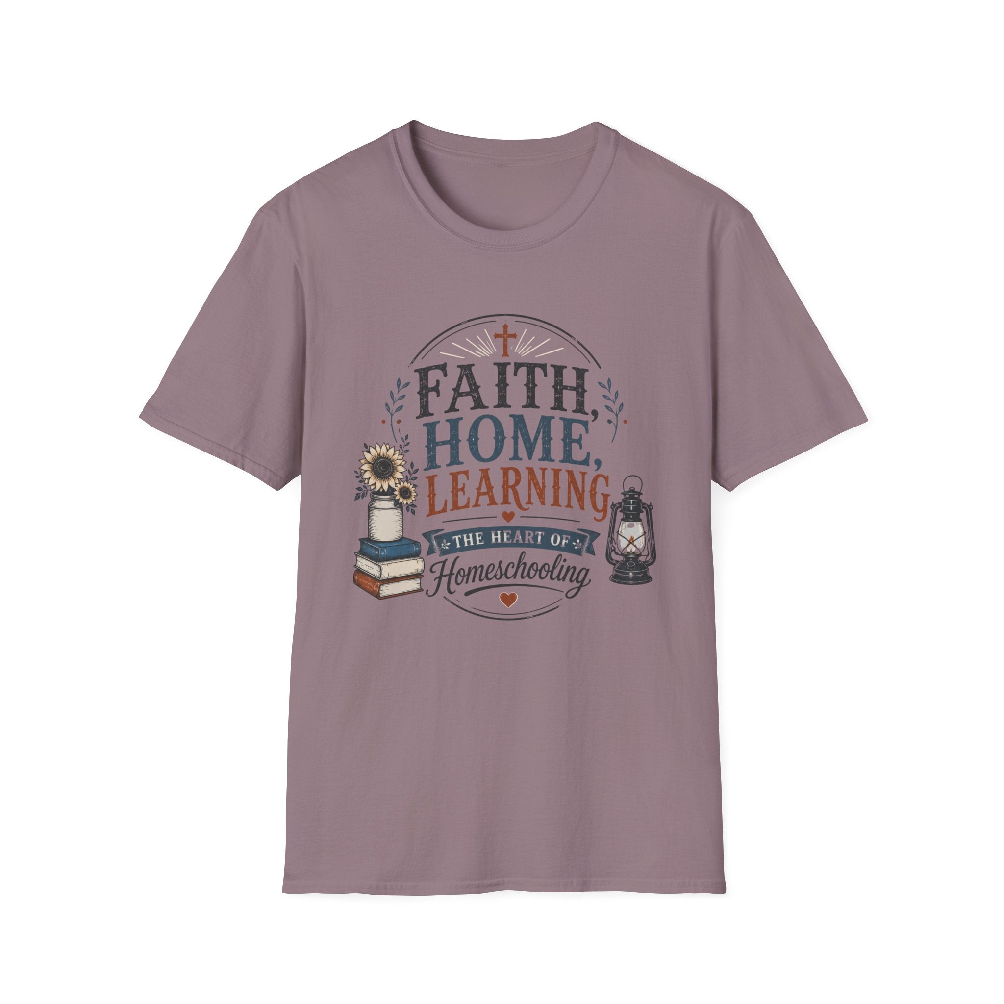 Faith Home Learning homeschool mom graphic t-shirt with a faith-filled homeschool design with gentle lettering and classic illustrative details