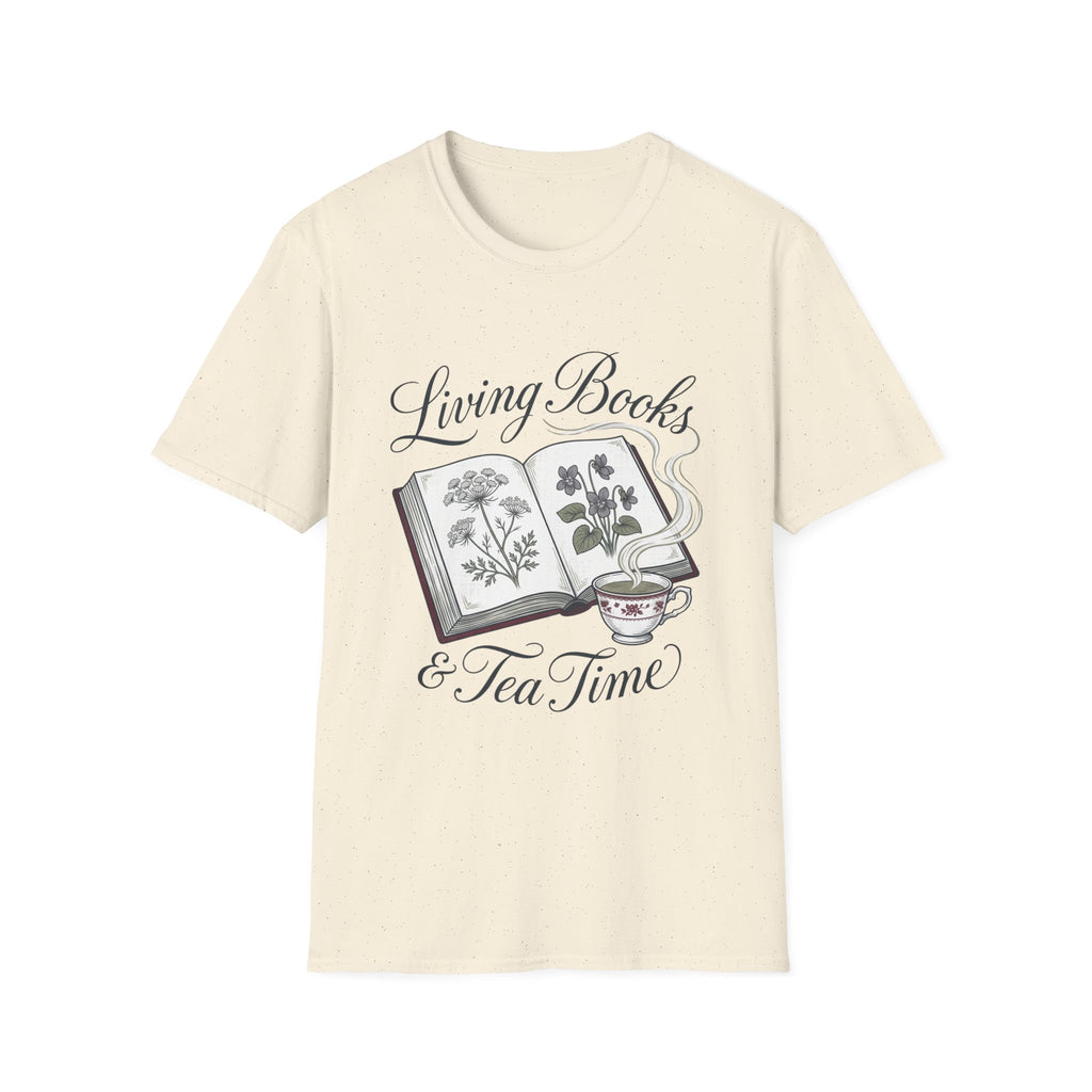 Living Books & Tea Time homeschool mom graphic t-shirt with a Charlotte Mason-inspired design with books, nature details, and vintage homeschool charm