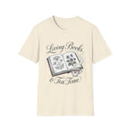 Living Books & Tea Time homeschool mom graphic t-shirt with a Charlotte Mason-inspired design with books, nature details, and vintage homeschool charm
