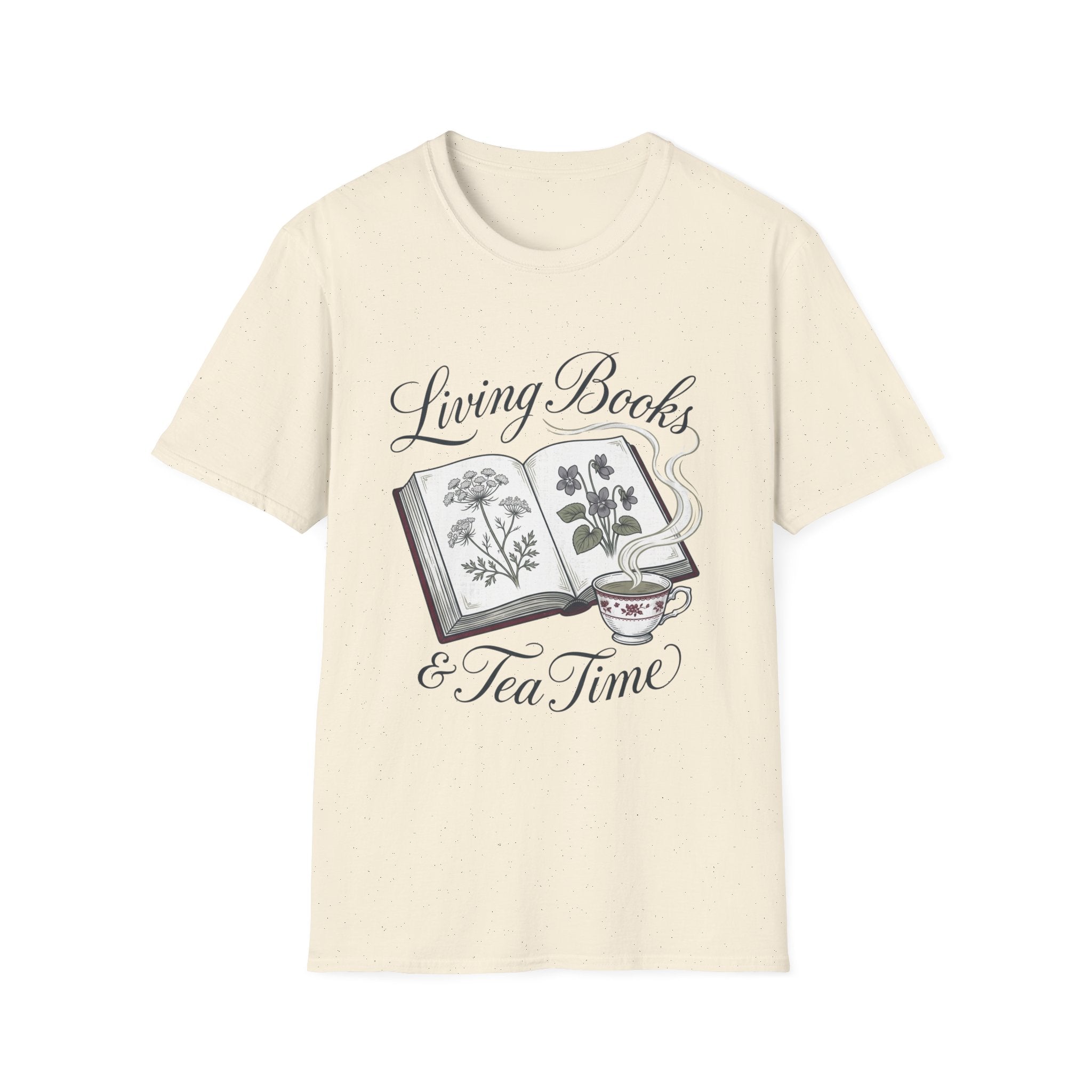 Living Books & Tea Time homeschool mom graphic t-shirt with a Charlotte Mason-inspired design with books, nature details, and vintage homeschool charm