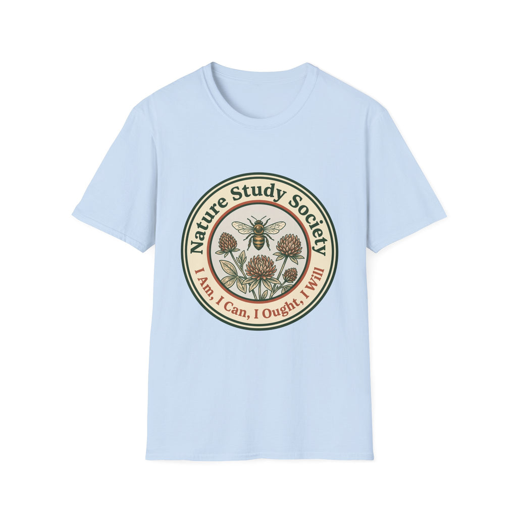 Nature Study Society homeschool mom graphic t-shirt with a Charlotte Mason-inspired design with books, nature details, and vintage homeschool charm