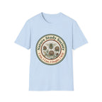 Nature Study Society homeschool mom graphic t-shirt with a Charlotte Mason-inspired design with books, nature details, and vintage homeschool charm
