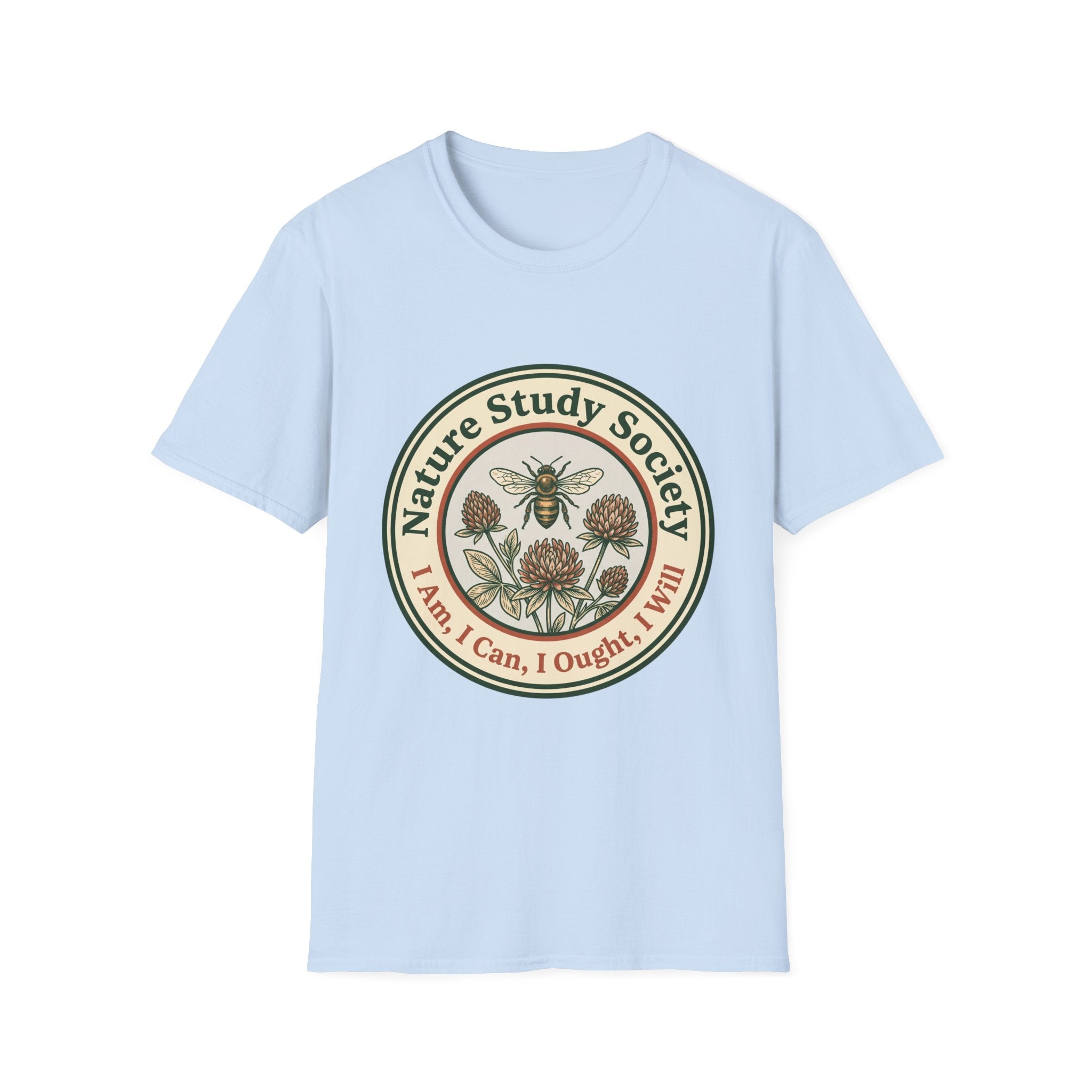 Nature Study Society homeschool mom graphic t-shirt with a Charlotte Mason-inspired design with books, nature details, and vintage homeschool charm