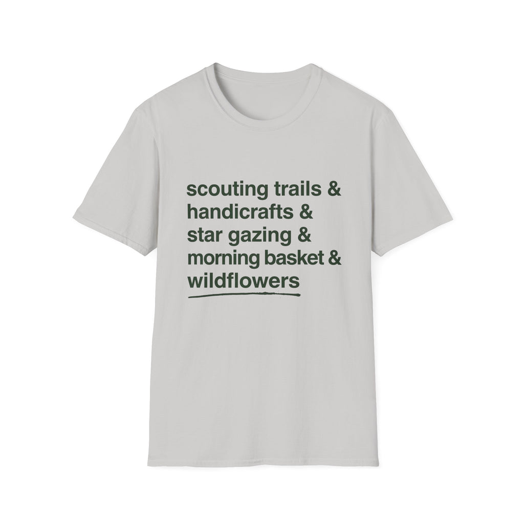 Scouting Trails Check List homeschool mom graphic t-shirt with a playful checklist-style homeschool graphic with bookish and nature-inspired details