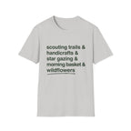Scouting Trails Check List homeschool mom graphic t-shirt with a playful checklist-style homeschool graphic with bookish and nature-inspired details