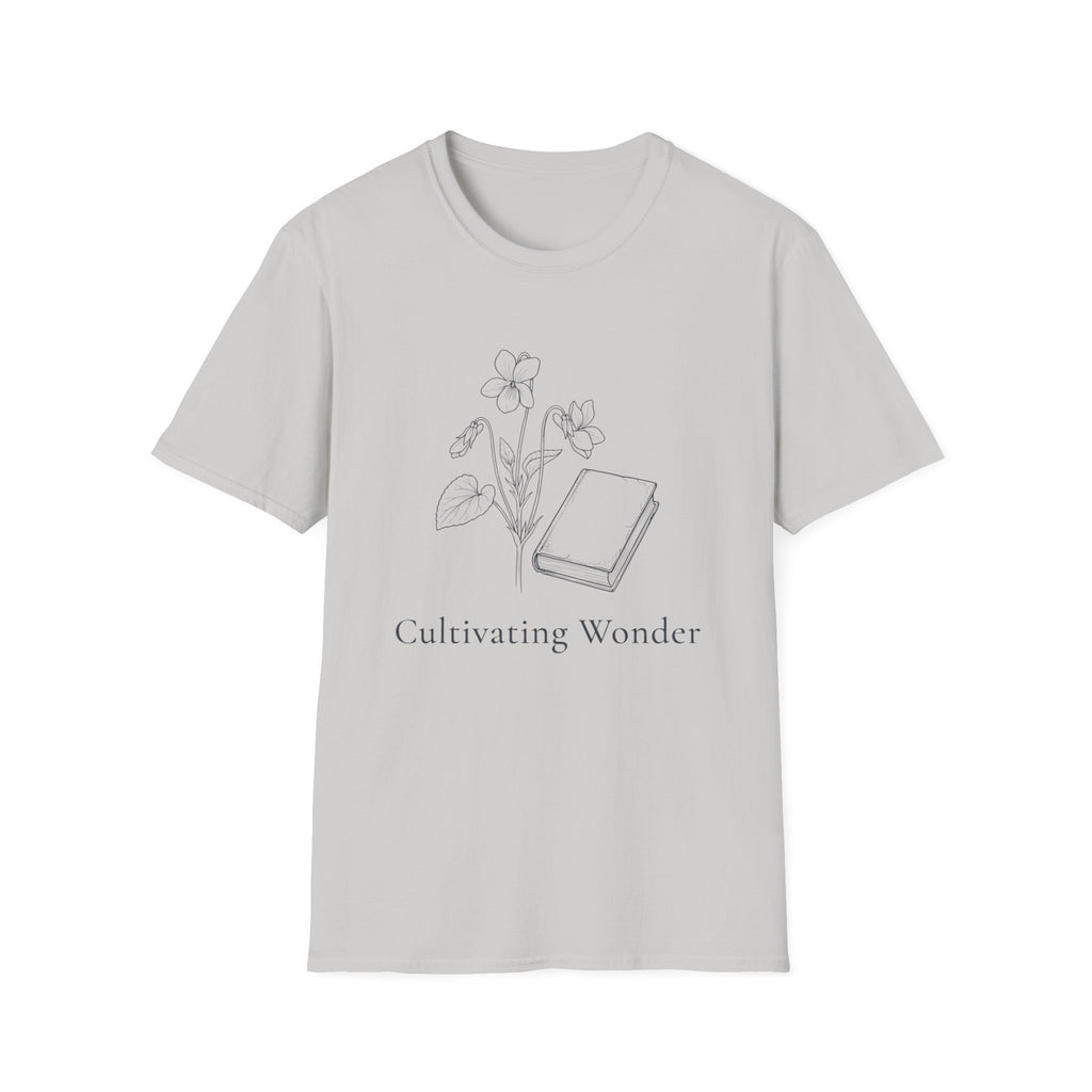 Cultivating Wonder with Flowers homeschool mom graphic t-shirt with a Charlotte Mason-inspired design with books, nature details, and vintage homeschool charm
