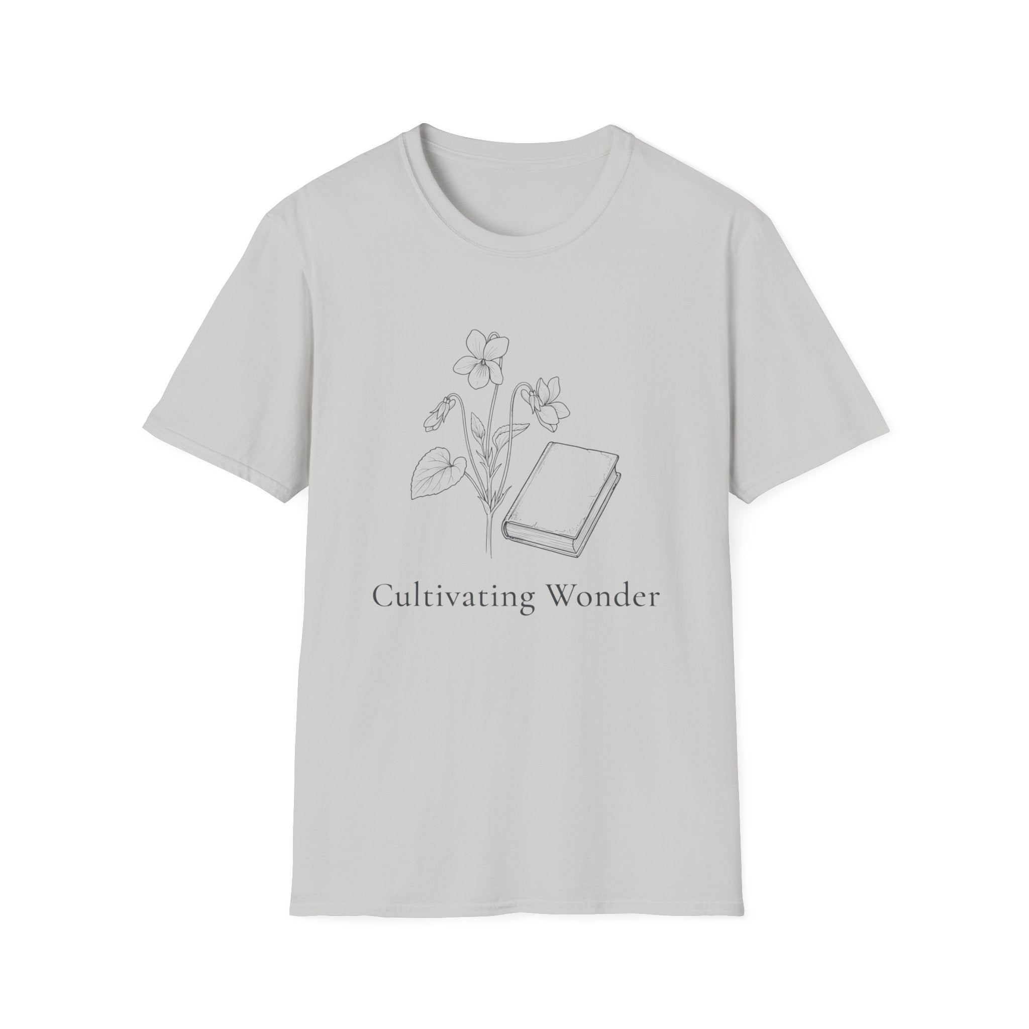 Cultivating Wonder with Flowers homeschool mom graphic t-shirt with a Charlotte Mason-inspired design with books, nature details, and vintage homeschool charm