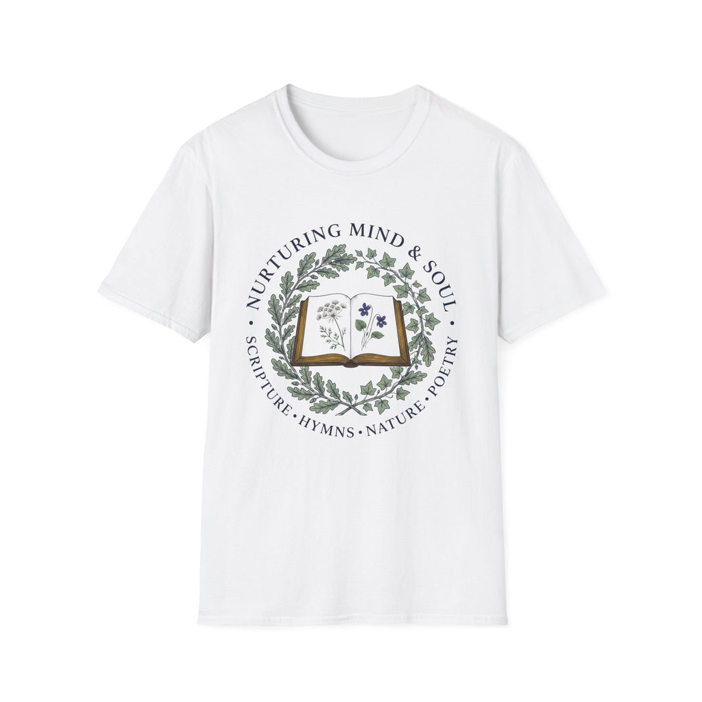 Nurturing Mind & Soul homeschool mom graphic t-shirt with a warm homeschool-inspired graphic with thoughtful lettering