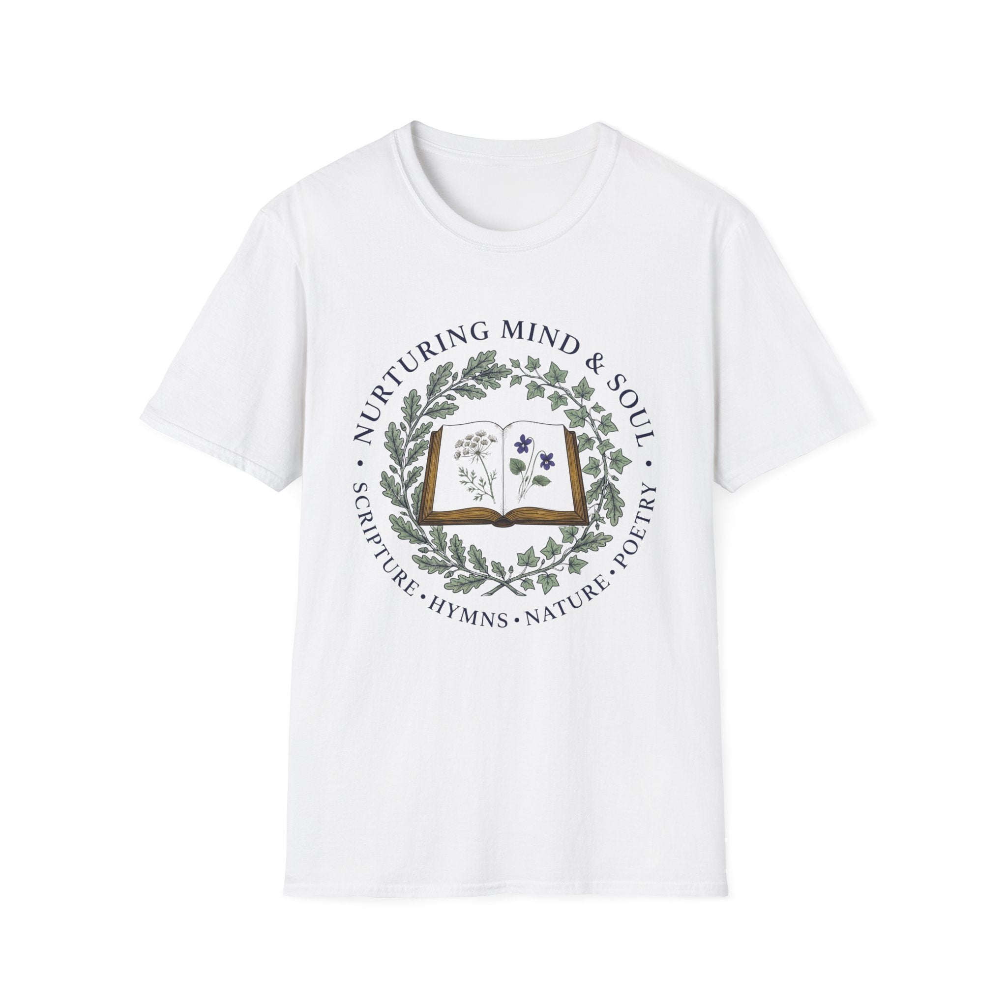 Nurturing Mind & Soul homeschool mom graphic t-shirt with a warm homeschool-inspired graphic with thoughtful lettering