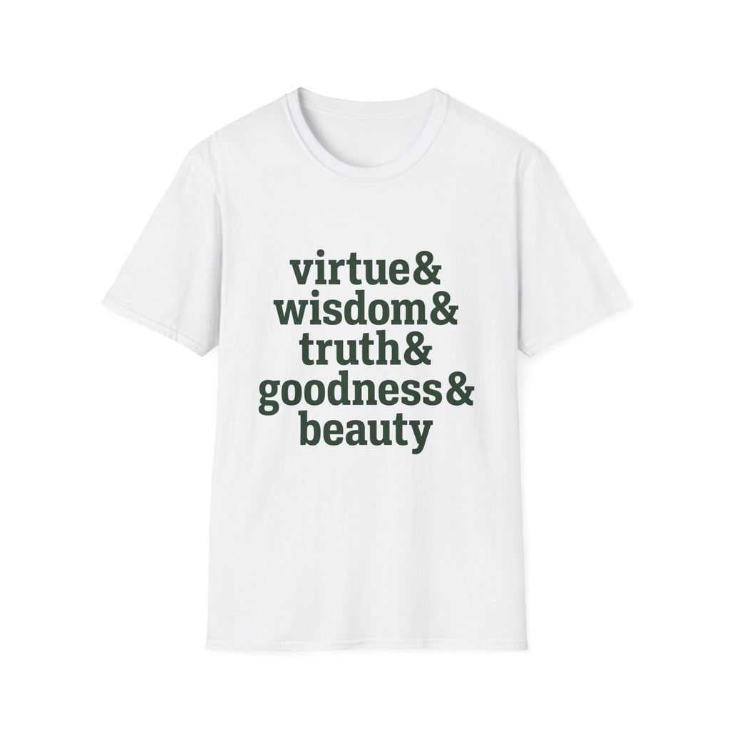 Virtue & Wisdom Check List homeschool mom graphic t-shirt with a playful checklist-style homeschool graphic with bookish and nature-inspired details