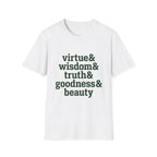 Virtue & Wisdom Check List homeschool mom graphic t-shirt with a playful checklist-style homeschool graphic with bookish and nature-inspired details
