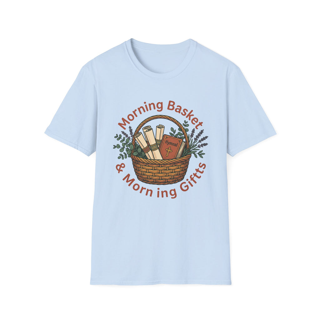 Morning Basket, Morning Gifts homeschool mom graphic t-shirt with a cozy morning basket-inspired design with books, gentle details, and home learning charm