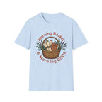 Morning Basket, Morning Gifts homeschool mom graphic t-shirt with a cozy morning basket-inspired design with books, gentle details, and home learning charm