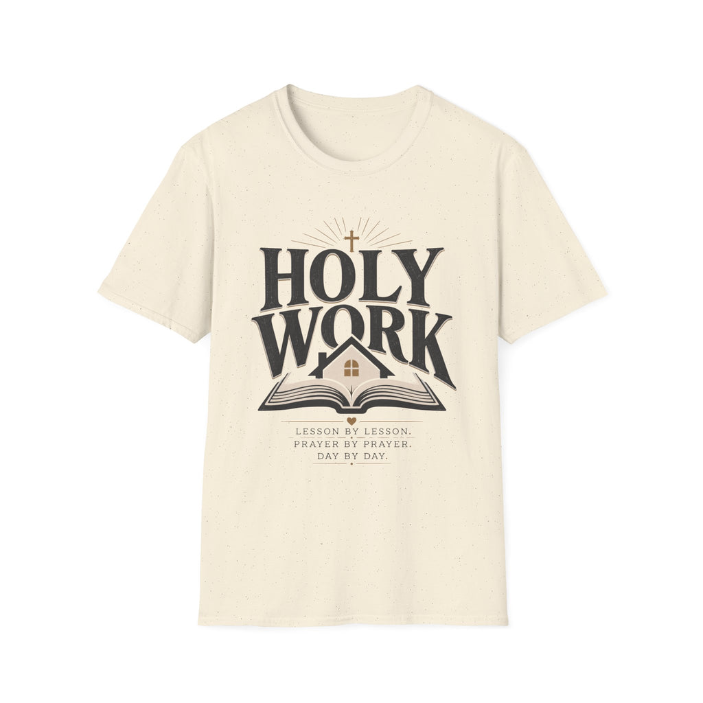 Holy Work Lesson By Lesson homeschool mom graphic t-shirt with a faith-filled homeschool design with gentle lettering and classic illustrative details