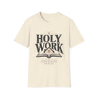 Holy Work Lesson By Lesson homeschool mom graphic t-shirt with a faith-filled homeschool design with gentle lettering and classic illustrative details