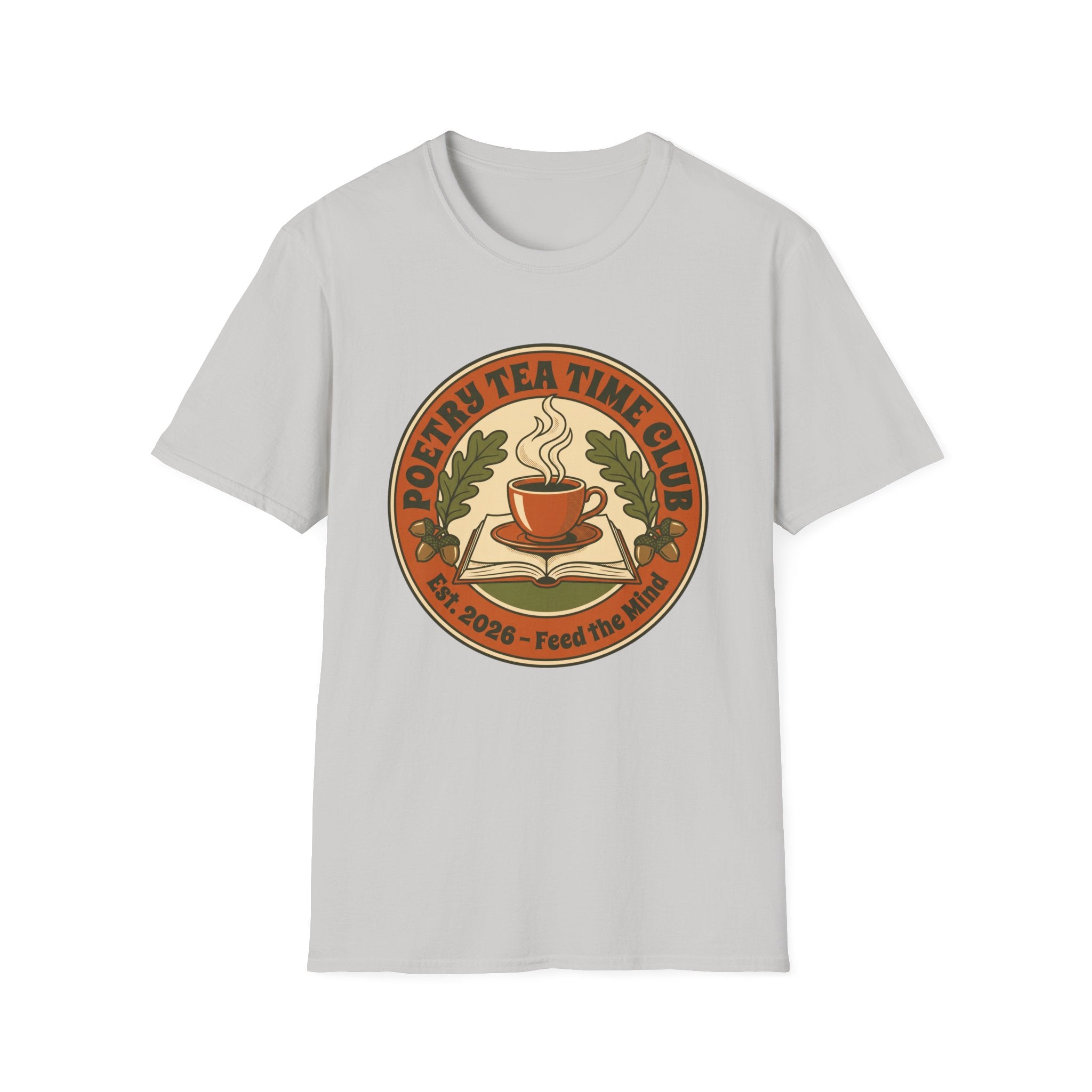 Poetry Tea Time Club homeschool mom graphic t-shirt with a cozy poetry teatime graphic with tea, books, and vintage homeschool charm